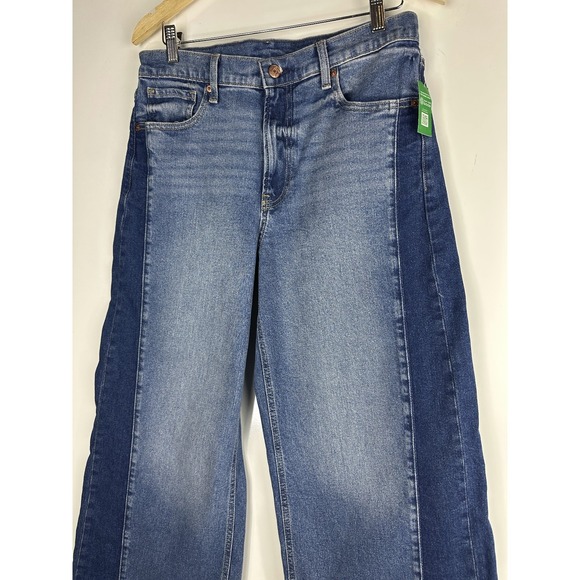 NWT GAP High Rise Stride Wide Leg Jeans 30 10R Colorblock Blue Denim Raw Hem - Picture 3 of 11
